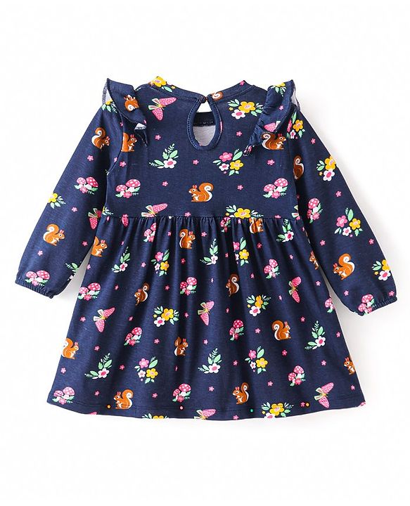 Babyhug Cotton Knit Full Sleeves Frock Floral Print & Frill Detailing with Bow Applique - Navy Blue