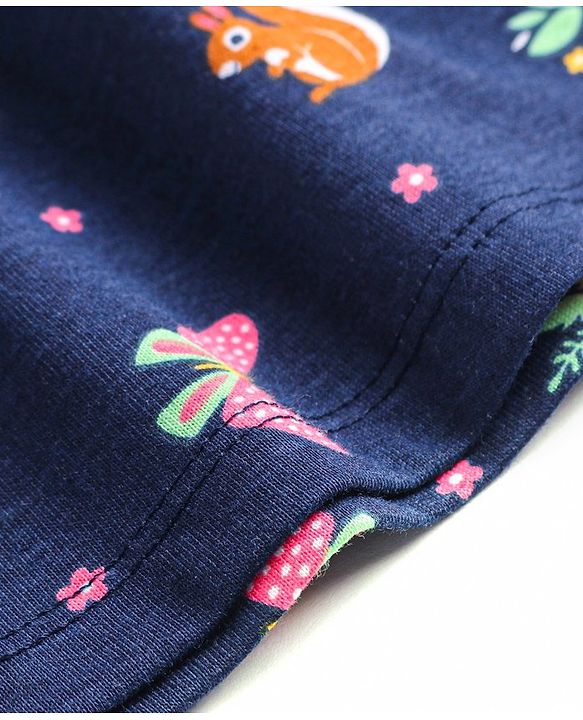 Babyhug Cotton Knit Full Sleeves Frock Floral Print & Frill Detailing with Bow Applique - Navy Blue