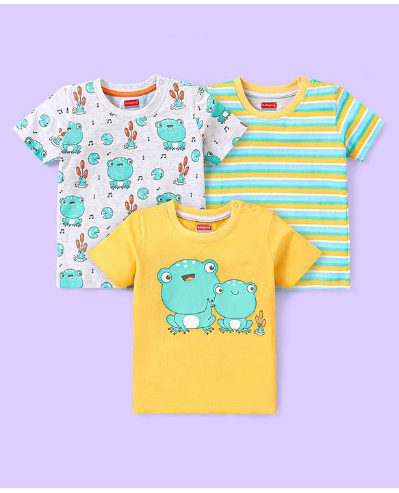 Babyhug 100% Cotton Knit Half Sleeves T-Shirt with Frog Graphics Pack of 3- Multicolour