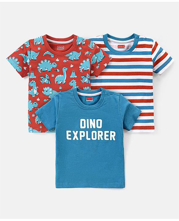 Babyhug 100% Cotton Knit Half Sleeves T-Shirt with Dino Print Pack of 3- Multicolor