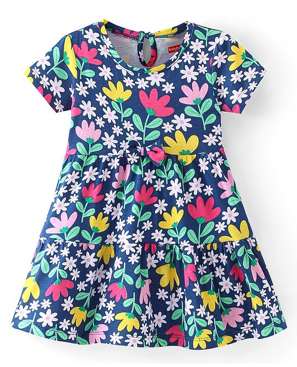 Babyhug Single Jersey Knit Half Sleeves Frock With Floral Print -Navy Blue