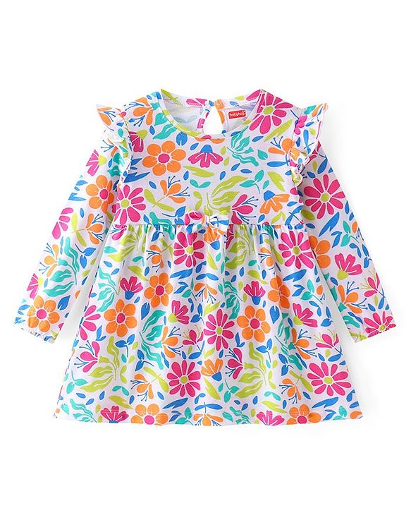 Babyhug Single Jersey Knit Full Sleeves Frock with Floral Print & Frill Detailing - White