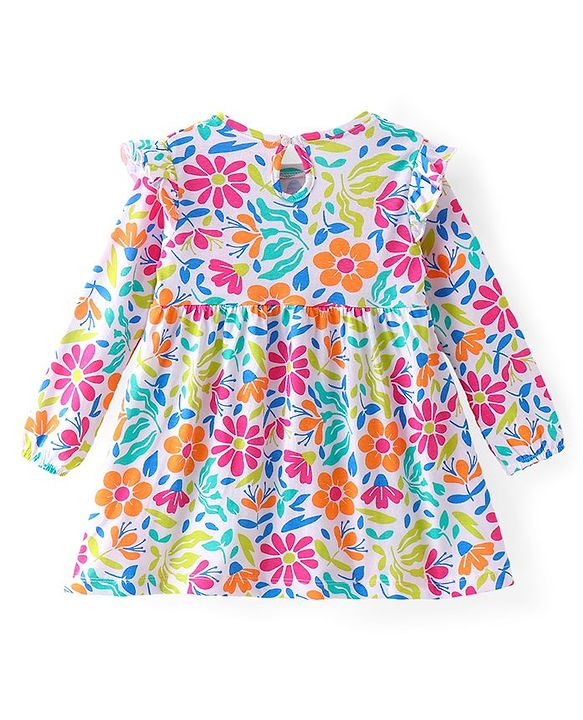 Babyhug Single Jersey Knit Full Sleeves Frock with Floral Print & Frill Detailing - White