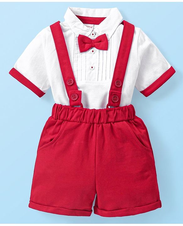 Babyhug Cotton Woven Half Sleeves  Polo T-Shirt &  Shorts Set With Bow & Suspender - White & Red