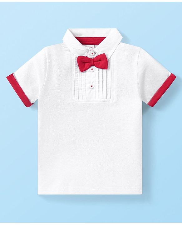 Babyhug Cotton Woven Half Sleeves  Polo T-Shirt &  Shorts Set With Bow & Suspender - White & Red