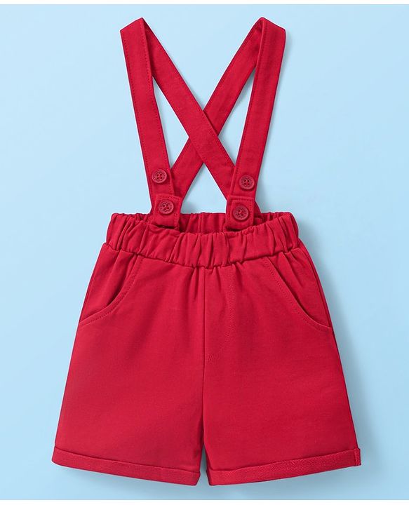 Babyhug Cotton Woven Half Sleeves  Polo T-Shirt &  Shorts Set With Bow & Suspender - White & Red