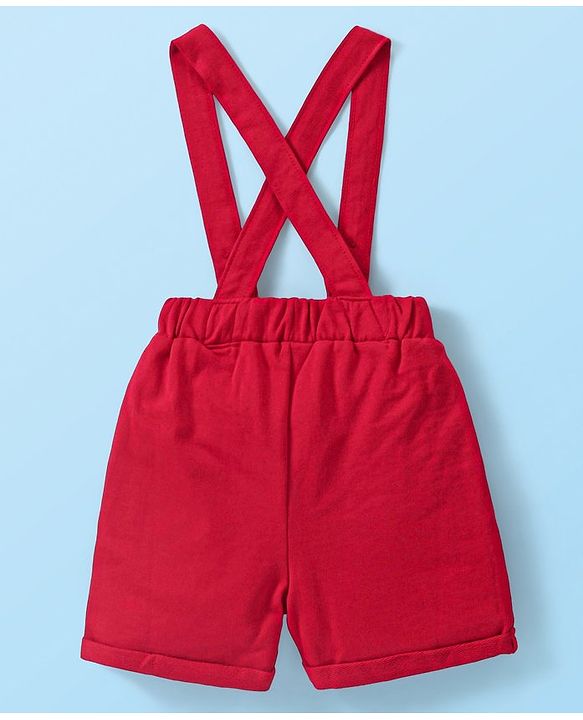 Babyhug Cotton Woven Half Sleeves  Polo T-Shirt &  Shorts Set With Bow & Suspender - White & Red