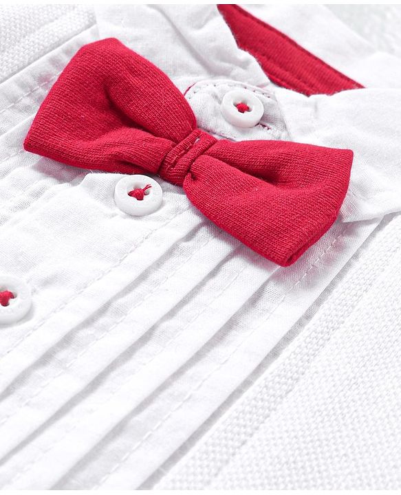 Babyhug Cotton Woven Half Sleeves  Polo T-Shirt &  Shorts Set With Bow & Suspender - White & Red