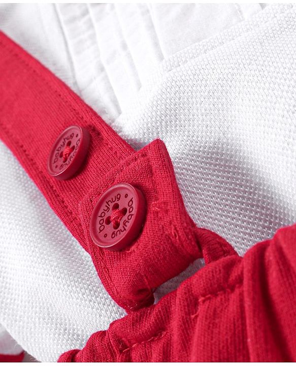 Babyhug Cotton Woven Half Sleeves  Polo T-Shirt &  Shorts Set With Bow & Suspender - White & Red