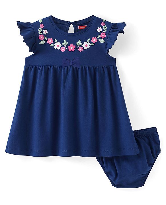 Babyhug Cotton Knit Frill Sleeves Frock with Floral Print & Bloomer - Blue