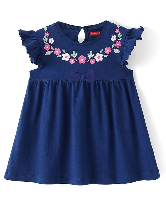 Babyhug Cotton Knit Frill Sleeves Frock with Floral Print & Bloomer - Blue
