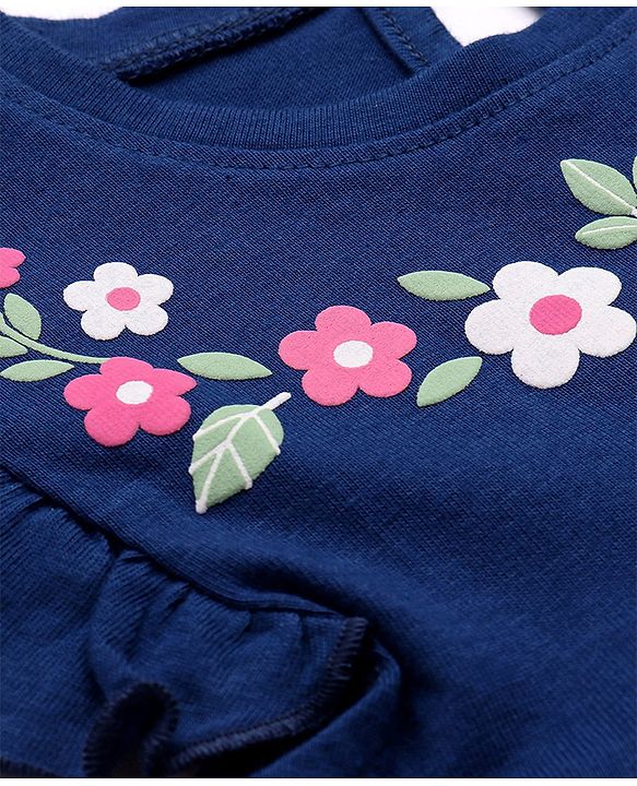 Babyhug Cotton Knit Frill Sleeves Frock with Floral Print & Bloomer - Blue