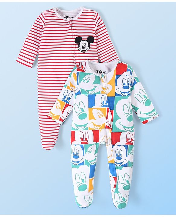 Babyhug Disney Cotton Knit Full Sleeves Sleepsuit With Stripes & Mickey Mouse Print Pack Of 2 - Multicolor