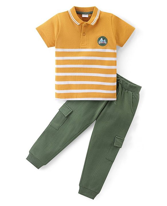Babyhug Single Jersey Knit Half Sleeves Striped Polo T-Shirt & Pant Set - Yellow & Green