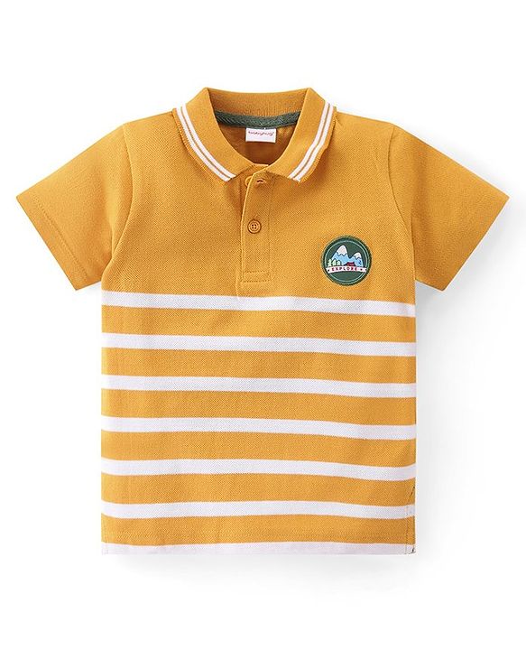 Babyhug Single Jersey Knit Half Sleeves Striped Polo T-Shirt & Pant Set - Yellow & Green