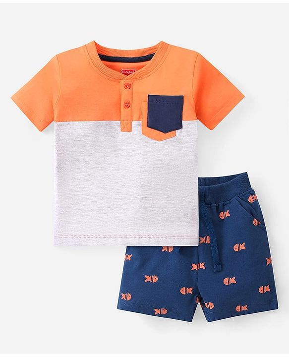 Babyhug Cotton Knit Half Sleeves Henley Neck T-Shirt & Shorts Set With Color Block Print - Multicolor