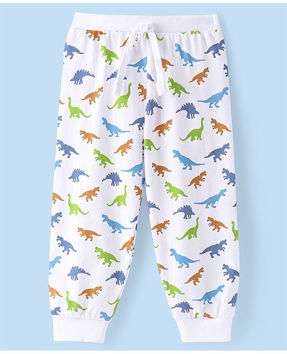 Babyhug Cotton Knit Full Length Lounge Pant  Dino Print -  White
