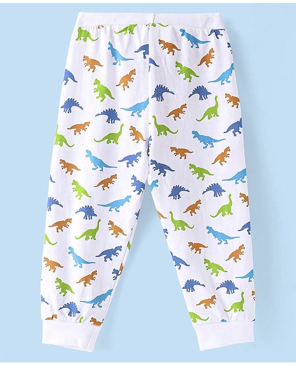 Babyhug Cotton Knit Full Length Lounge Pant  Dino Print -  White