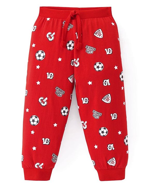 Babyhug Cotton Knit Full Length Lounge Pants With Football Print - Red