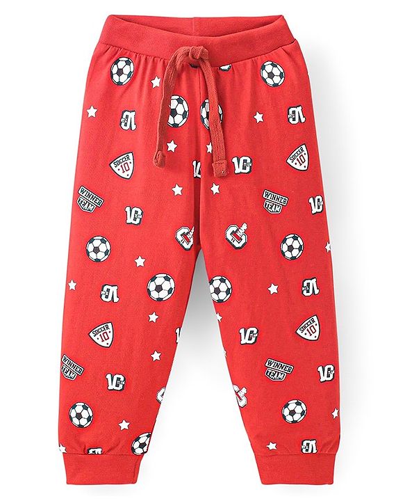 Babyhug Cotton Knit Full Length Lounge Pant With Football Print - Red