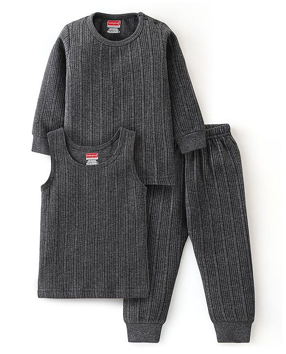 Babyhug Full Sleeves Thermal Wear Pullover Vest & Pant Set - Dark Grey