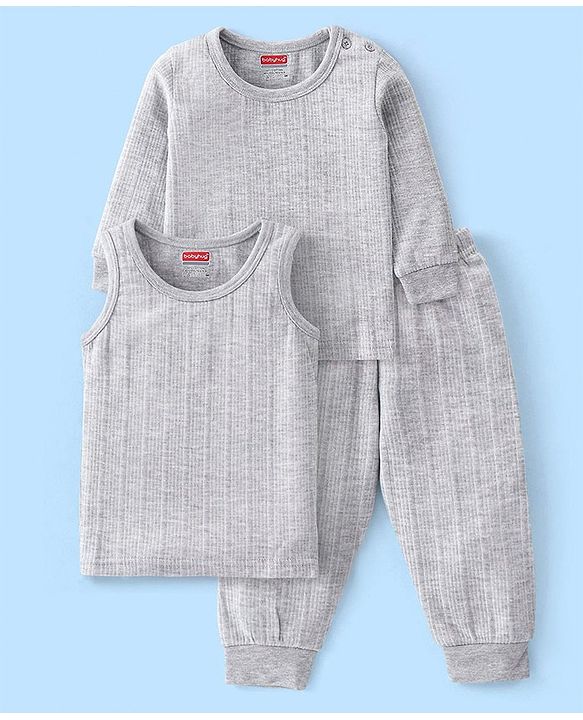 Babyhug Full Sleeves Thermal Vests & Pant Set - Light Grey