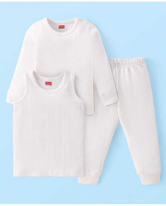 Babyhug Full Sleeves Solid Thermal Vests & Pant Set of 3 - Off White