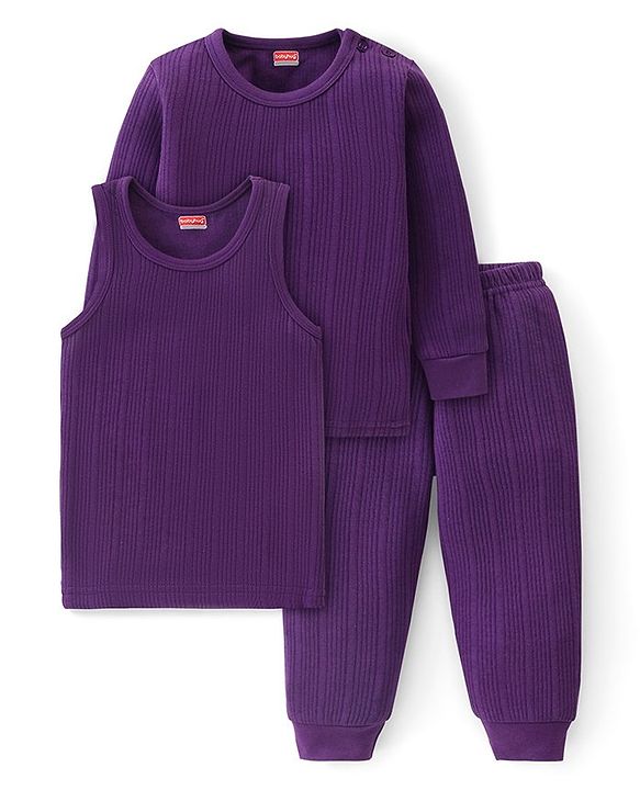 Babyhug Full Sleeves Solid Thermal Vests & Pant Set - Purple