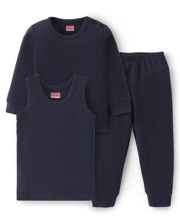 Babyhug Full Sleeves Solid Thermal Vests & Pant Set of 3 - Navy Blue