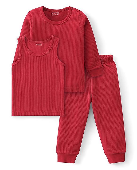 Babyhug Full Sleeves Solid Color Thermal Wear Pullover Vest & Pant Set - Red