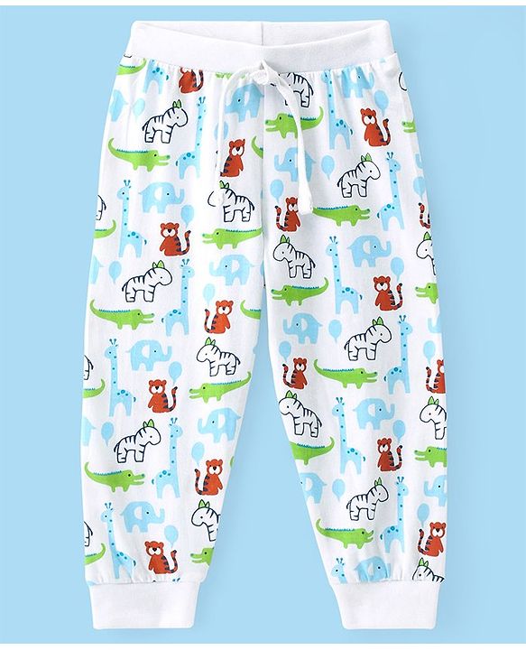 Babyhug Cotton Knit Full Length Lounge Pant with Animal Print - White