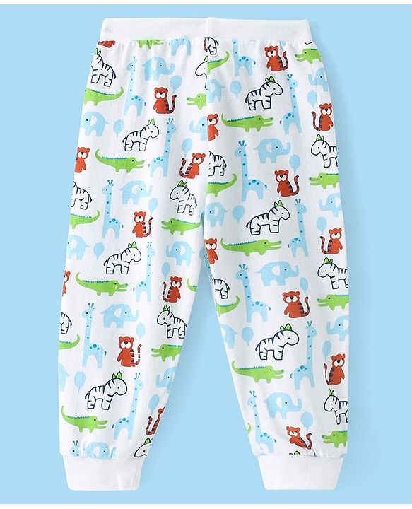 Babyhug Cotton Knit Full Length Lounge Pant with Animal Print - White