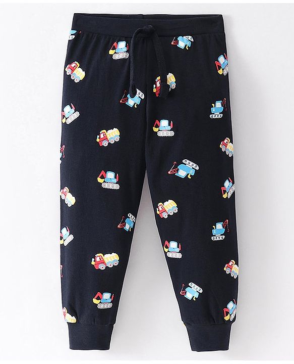 Babyhug Cotton Knit Full Length  Lounge  Pant with JCB Print - Navy Blue