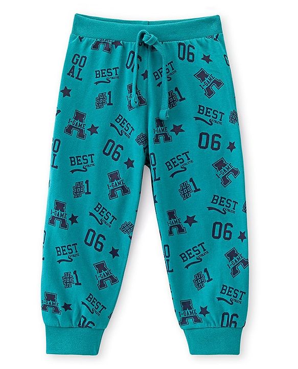 Babyhug Cotton Knit Full Length Lounge Pant with Text Print - Green