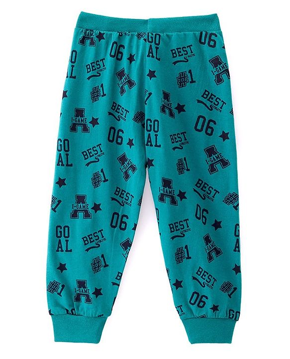 Babyhug Cotton Knit Full Length Lounge Pant with Text Print - Green
