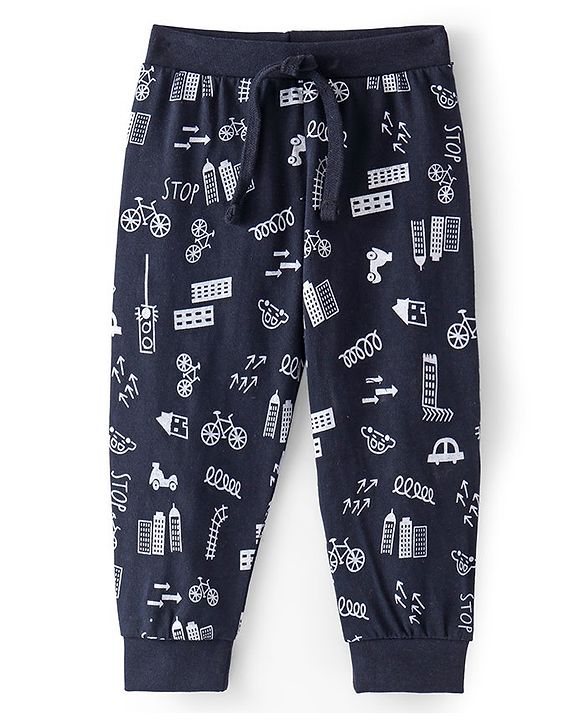 Babyhug Cotton Knit Full Length Lounge Pant Vehicle Print - Navy Blue