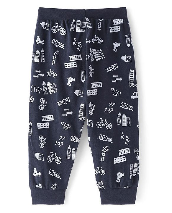 Babyhug Cotton Knit Full Length Lounge Pant Vehicle Print - Navy Blue