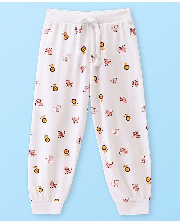 Babyhug Cotton Knit Full Length Lounge Pants With Animal Print - White