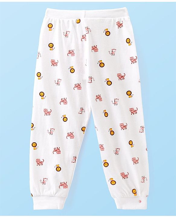 Babyhug Cotton Knit Full Length Lounge Pants With Animal Print - White