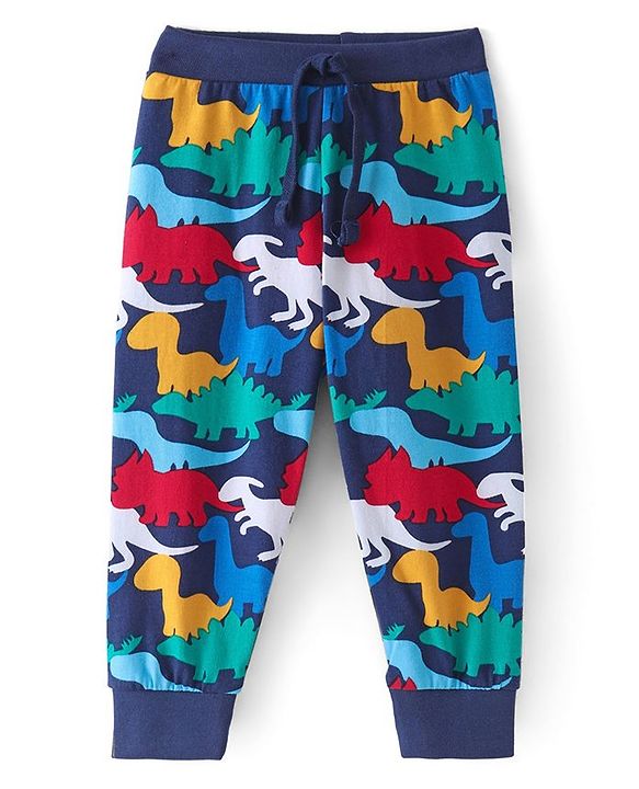 Babyhug Cotton Knit Full Length Lounge Pant Dino Print - Navy Blue