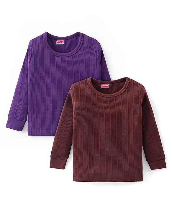 Babyhug Full Sleeves Solid Colour Thermal Vests Pack of 2 - Purple & Brown