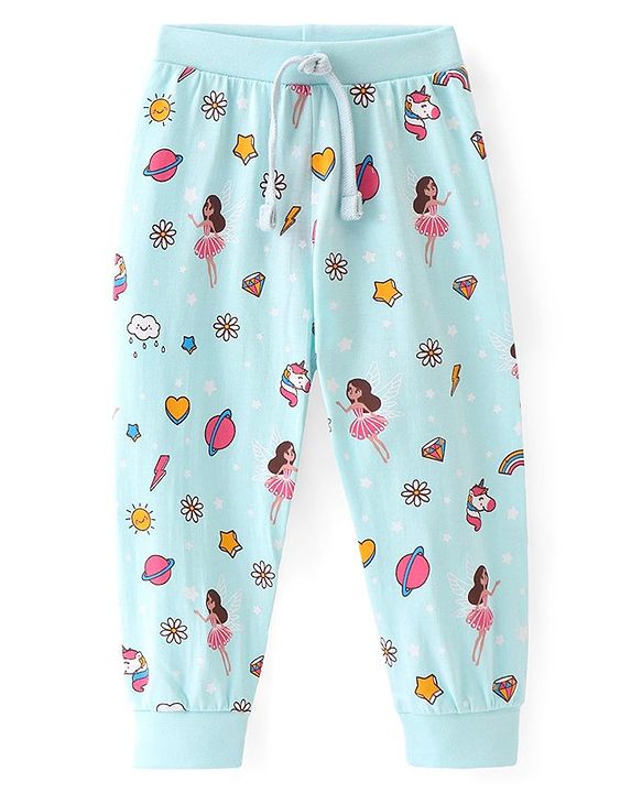 Babyhug Cotton Knit Full Length Lounge Pant Floral & Space Theme - Blue