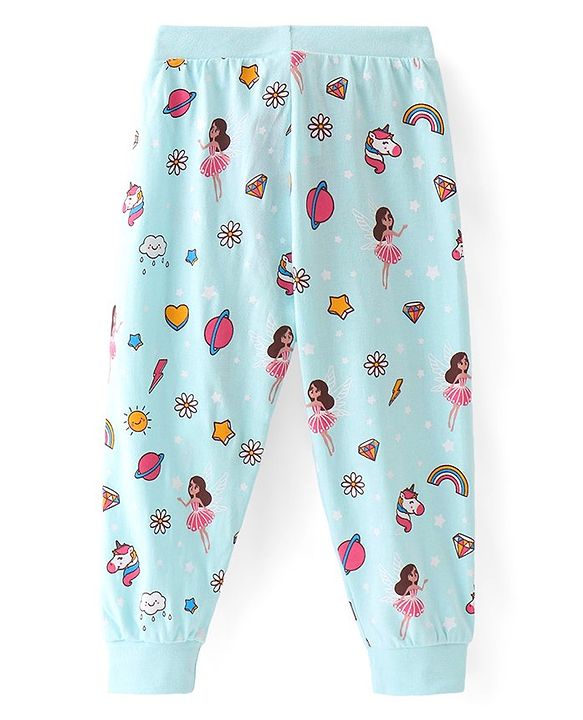 Babyhug Cotton Knit Full Length Lounge Pant Floral & Space Theme - Blue