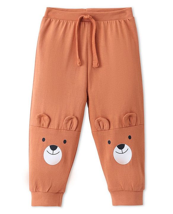 Babyhug Cotton Knit Full Length Lounge Pant with Teddy Print & Applique- Rust