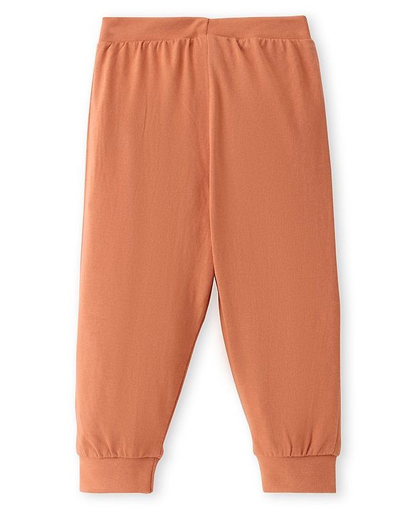 Babyhug Cotton Knit Full Length Lounge Pant with Teddy Print & Applique- Rust