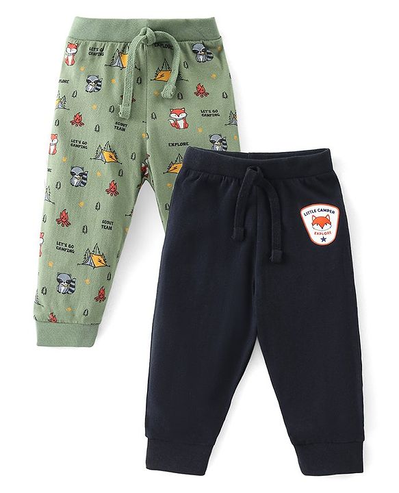 Babyhug Cotton Knit Full Length Lounge Pants Animal Print Pack of 2 - Green & Navy Blue