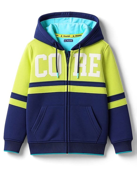 Pine Kids Cotton Knit Full Sleeves Front Open Hooded Sweatjacket with Text Print & Kangaroo Pockets - Navy Blue & Lime Green