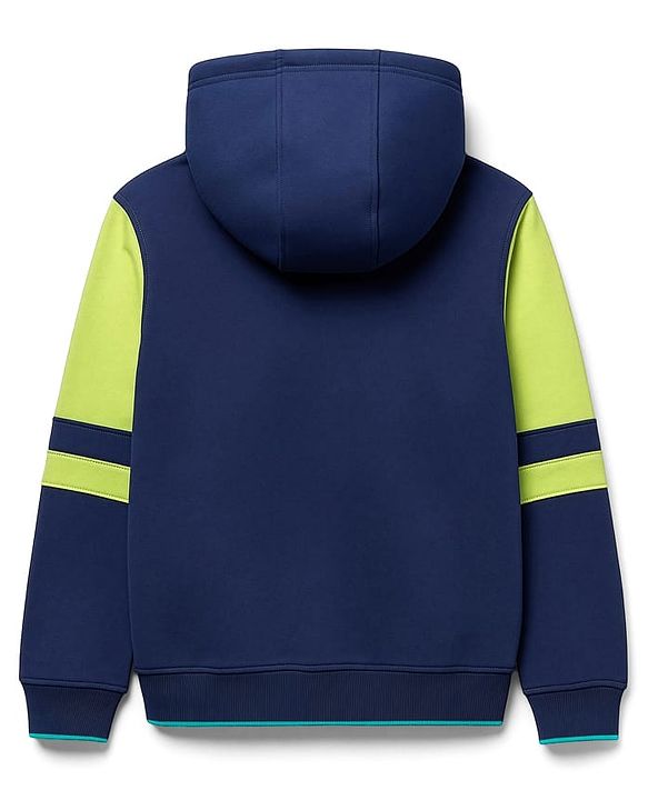Pine Kids Cotton Knit Full Sleeves Front Open Hooded Sweatjacket with Text Print & Kangaroo Pockets - Navy Blue & Lime Green