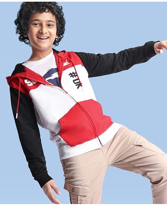 Pine Kids Cotton Knit Full Sleeves Hooded Sweatjacket With Cut & Sew Design & Text Print - Red & White