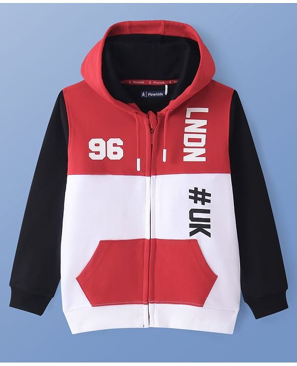 Pine Kids Cotton Knit Full Sleeves Hooded Sweatjacket With Cut & Sew Design & Text Print - Red & White